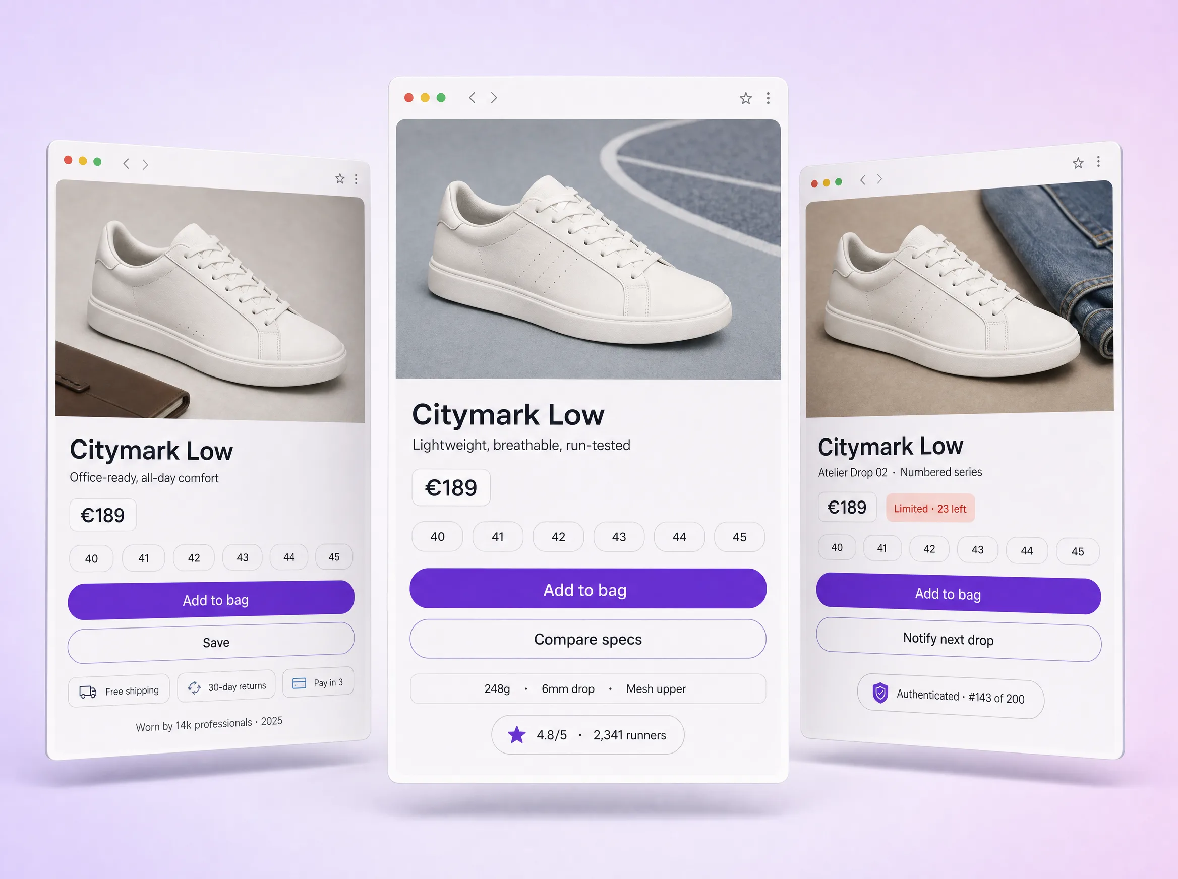 Hand holding a smartphone showing a sneaker product page, with two Cypien-composed UI variant cards floating beside it on a sunlit cafe table.