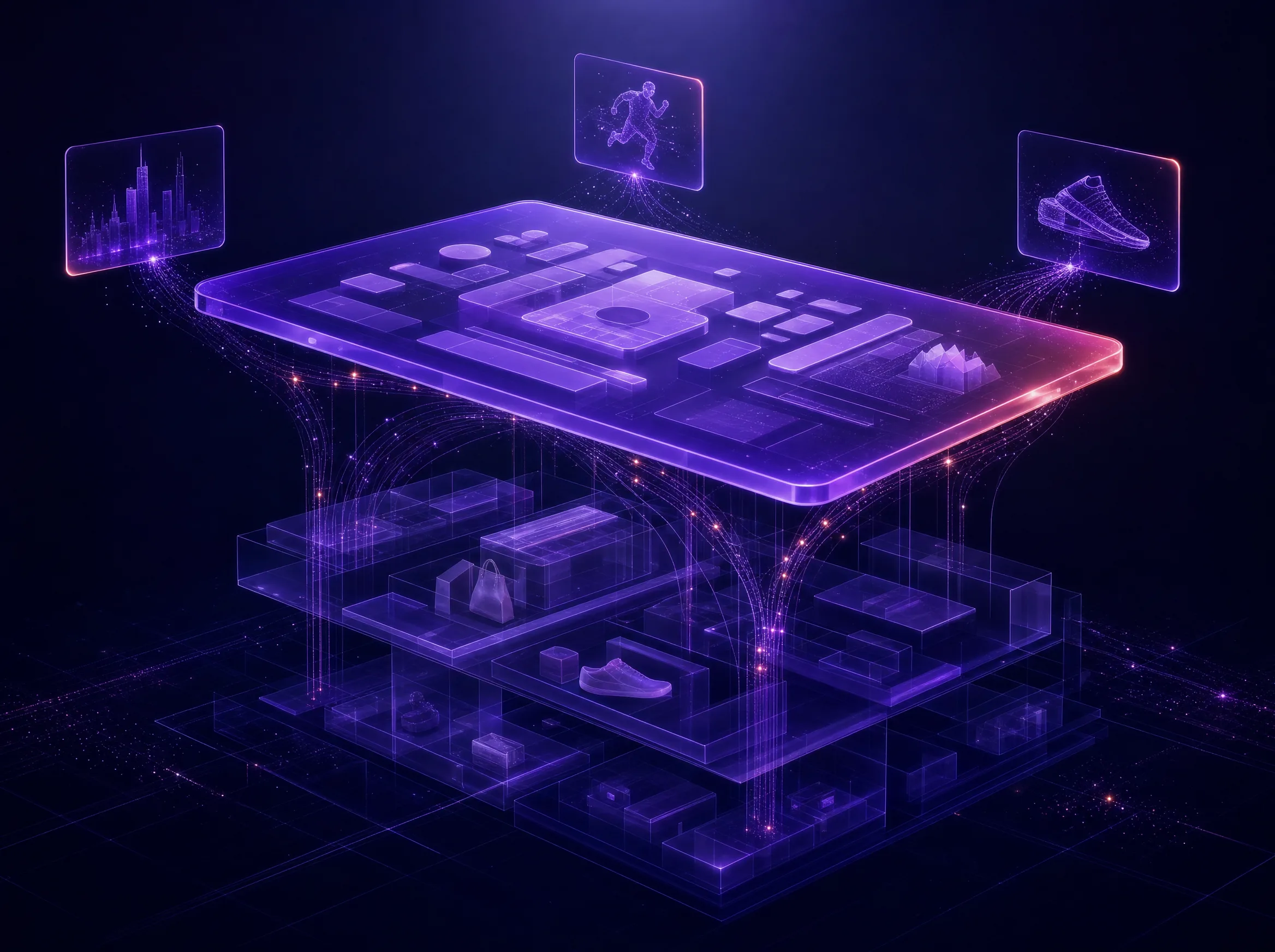 Architectural visual — translucent violet Cypien composition layer hovering above a crystalline storefront stack with signal-flow filaments, three faint segment indicator chips floating above.