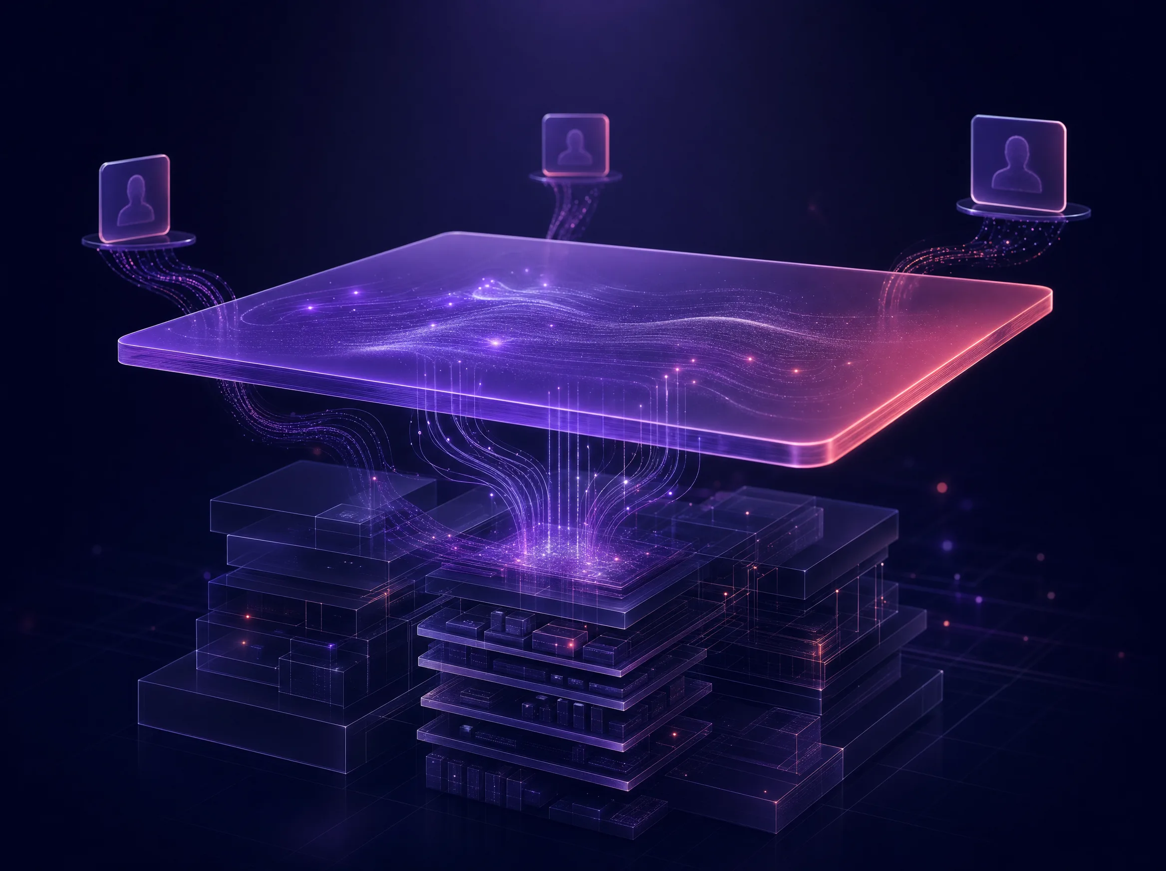 Architectural visual — Cypien composition layer over the finance & fintech stack.